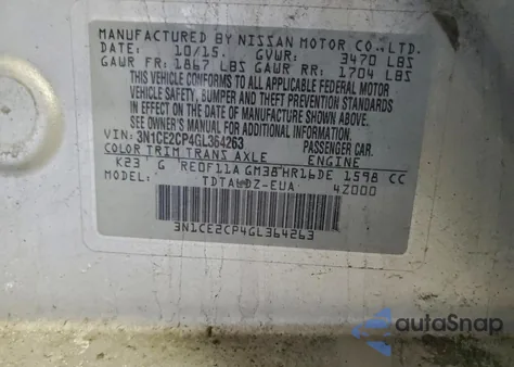 2016 Nissan Versa Note S из США, поврежденный, VIN 3N1CE2CP4GL364263